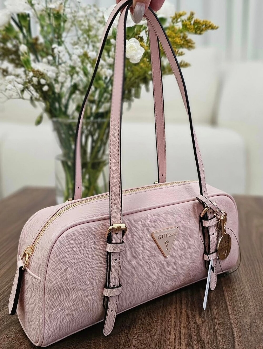 GUESS Pink Saffiano Leather Shoulder Bag